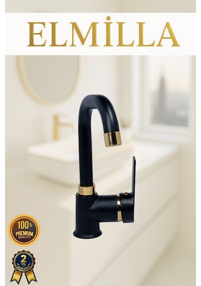 Siyah Gold Armut Delta Kol Köşe Borulu Banyo Lavabo Bataryası Çeşmesi Musluğu Çift Su Girişli