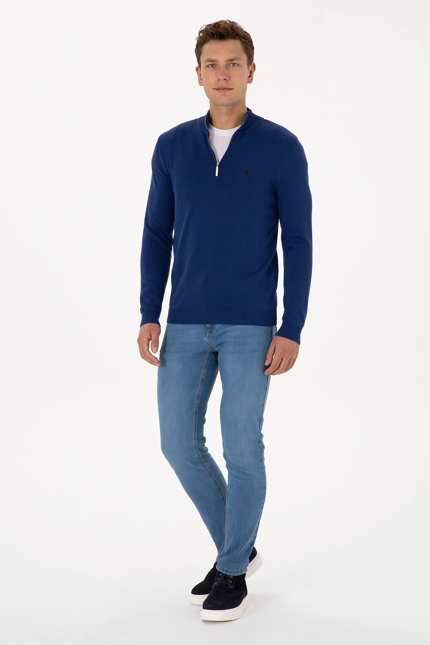 U.S. Polo Assn. Erkek Slim Fit Yarım Fermuarlı İndigo Basic Kazak 50313695-VR028