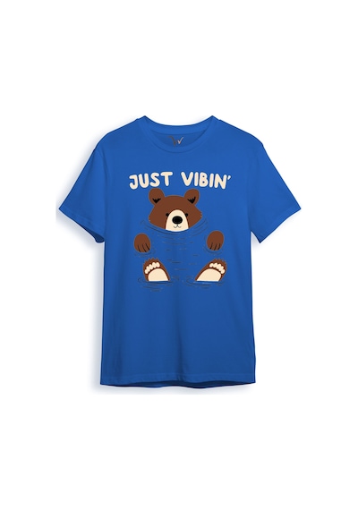 Just Vibin Sevimli Ayıcık Baskılı Regular Fit %100 Pamuk Mavi T-shirt Saks Mavi