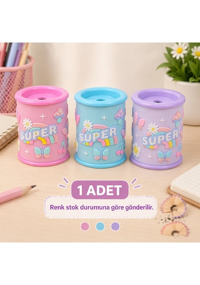 Bakgelal Super Desenli Çift Delikli Hazneli Kalemtraş Renkli Çocuk Kalem Açacağı Okul Ofis Kırtasiye Ürünü 1 Adet - 9032641100925