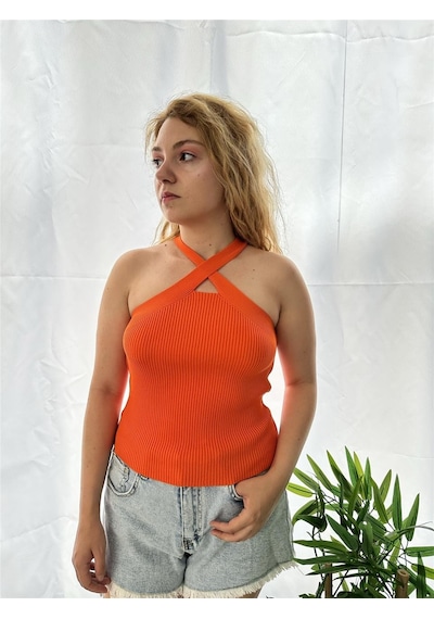 Simli Moda Önü Çapraz Turuncu Triko Bluz - Kadın Turuncu