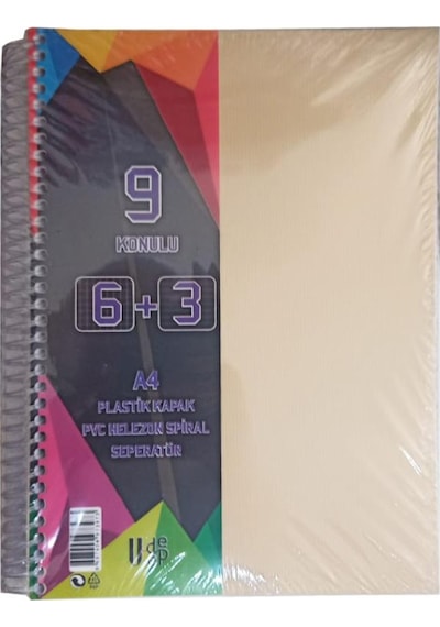 6+3 Ayraçlı Defter 9 Konulu 225 Yaprak 1 Adet 6 Kareli 3 Çizgili Spralli Plastik Kapak Seperatörlü Krem