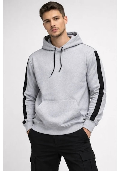 Defymoda Erkek Şeritli Kapüşonlu Sweatshirt Oversize 3 Iplik Pamuklu - Beyaz Beyaz