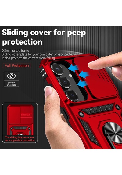 Samsung Galaxy S26 İle Uyumlu Kılıf Magnetik Standlı Kamera Korumalı Sürgülü Kapak Kırmızı