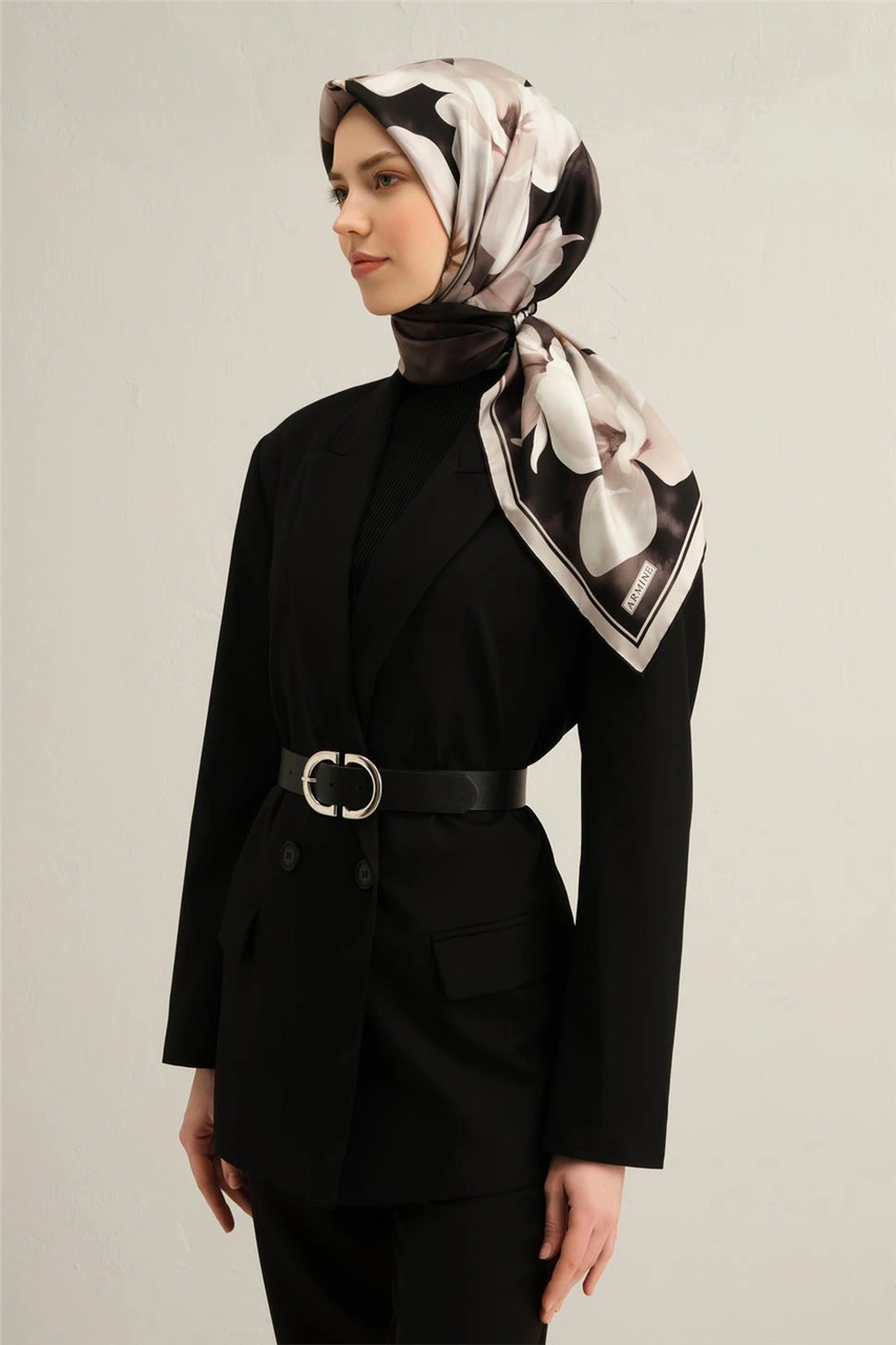 Armine Çiçek Desenli Saf İpek Twill Eşarp 9305d 85 BEj