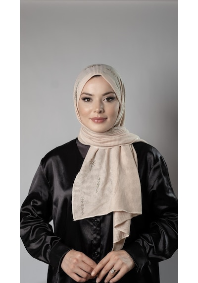 Hürrem Bone Bej Pratik Hazır Geçmeli Tesettür Şal Örme Kumaş Taşlı Yıldız Desenli 2118y 12