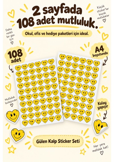 Gülen Kalp Sticker Seti 108 Adet 2 Sayfa Sarı Gülücük Kalp Sticker Defter, Laptop, Hediye Süsleme Etiketi Çok Renkli