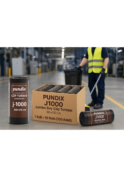Pundix Pundıx J1000 Jumbo Boy Endüstriyel Çöp Torbası 80x110 Cm 1 Koli 10 Rulo X 10 Adet Dayanıklı, Sızdırmaz Ve Geniş Hacimli Çöp Poşeti