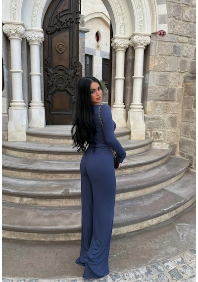 Evoa Kadın Lacivert Basic Düğmeli Bluz Ve Bol Paça Pantolon Takım