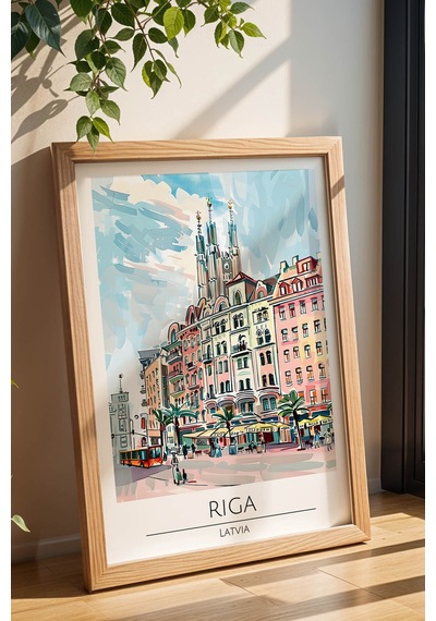 Letonya Riga Temalı Çerçeveli Tablo Travel Serisi Modern İllüstrasyon Şehir Duvar Dekoru Kayın