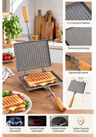 Porsima Çift Taraflı Granit Tost Tavası 17x23 Cm Granit Kaplama Ahşap Saplı Ocak Üstü Tost Makinesi