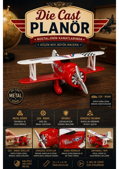 Die-cast Metal Çek Bırak Oyuncak Savaş Uçağı 15 Cm Kırmızı