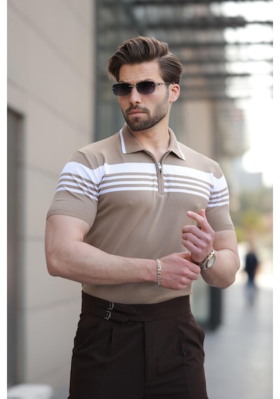 Madmext Vizon Fermuarlı Polo Yaka Erkek Triko T-shirt E7407 Vizon
