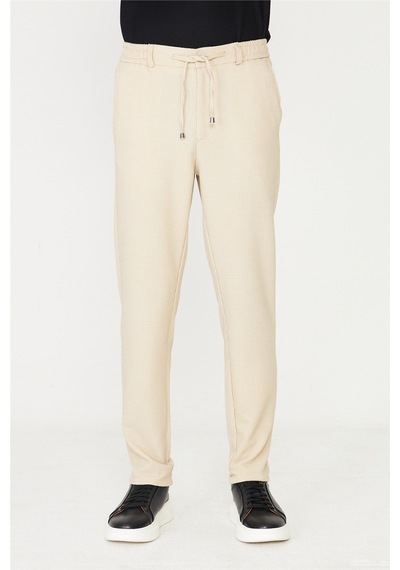Bej Mikro Desenli Bağcıklı Modern Jogger Pantolon Bej