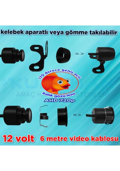 170'' Geniş Açı Balık Gözü Ahd 720p Kelebek Kamera Ön Yan Veya Arka Kullanıma Uygun 12 V 18,5 Mm