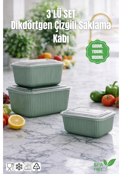 3'lü Set Dikdörtgen Çizgili Mikrodalga Ve Difrize Uygun Saklama Kabı -600/1100/1800ml. Yeşil