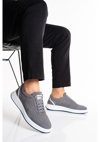 Fame Step Hakiki Deri Erkek Sneaker Ayakkabı Delikli Nefes Alan Günlük Rahat Spor Ayakkabı Lucca Gri