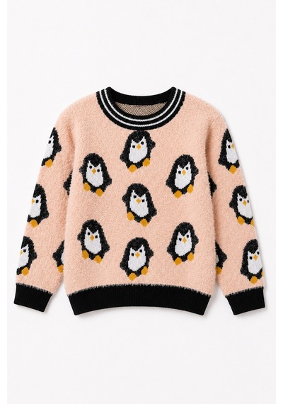 Penguen Desenli Kız Çocuk Kazak 23212 Somon