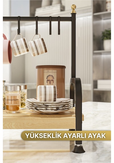 Masaüstü Mutfak Rafı Düzenleyici Kahve Fincanı Kupa Bardak Askısı 6 Kancalı Ahşap Raf Organizer