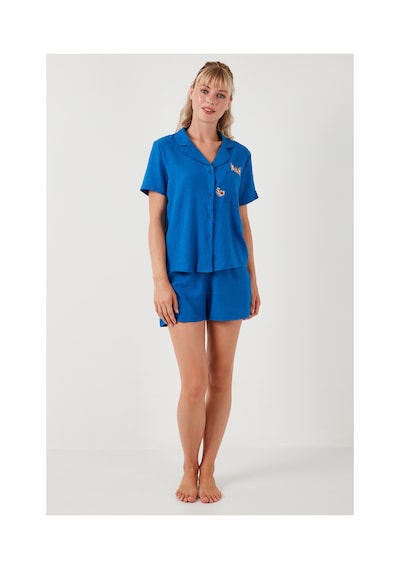 Lela Gömlek Yaka Beli Lastikli Kısa Kollu Şortlu Bayan Pijama Takımı 611Pt00123 Mavi