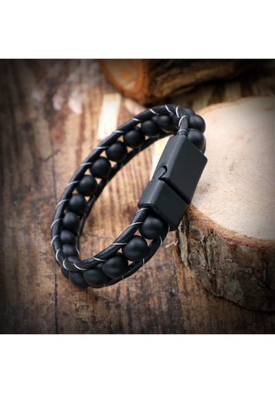 Brezza Lusso Jewelry Mat Oniks Doğal Taşlı Örme Erkek Bileklik Siyah