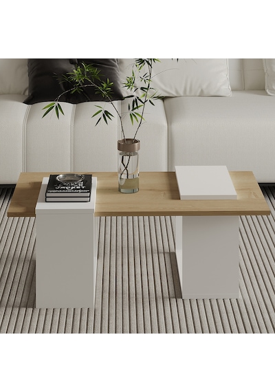 Matris Modern Orta Sehpa Geometrik Tasarım Ve Şık Detaylar Beyaz/safir Meşe