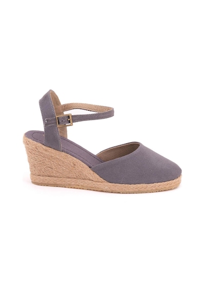 Star Tombis Gerçek Elişi Topuğu Açık Bilekten Bantlı Dolgu Topuk Keten Hasır Espadril Handmade Gri