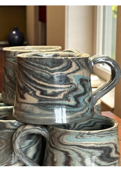 2'li Nerikomi El Yapımı Stoneware Fincan Siyah - Krem - Açık Mavi