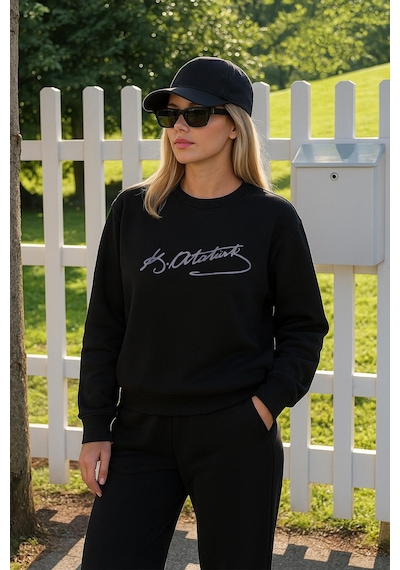 Kadın Atatürk İmzalı Siyah Sweatshirt Siyah