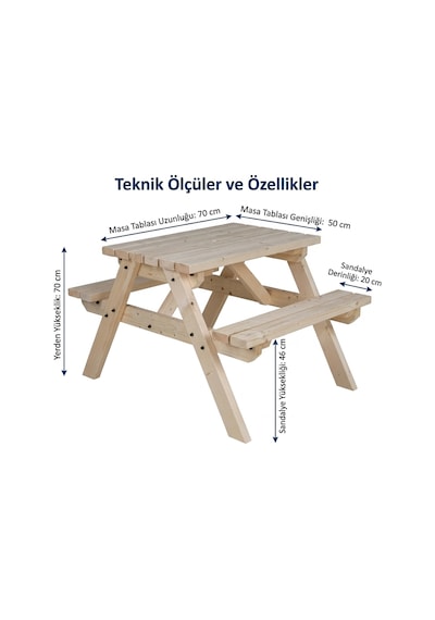 İahşap 70 Cm Küçük Boy Fırınlanmış Emprenyeli Ahşap Piknik Masası - 2 Kişilik Ba Kahverengi