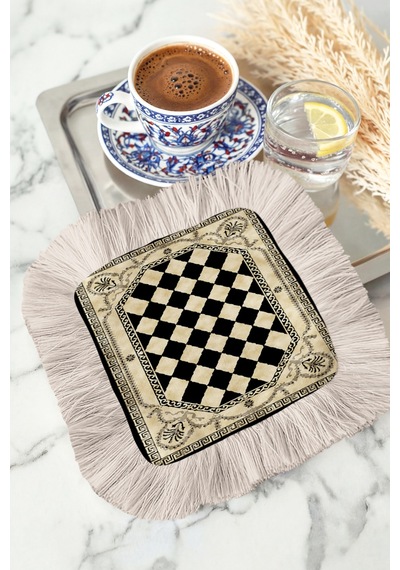 Damalı Eskitme Motifli Püsküllü Sunum Peçetesi - Vintage Siyah Krem Bardak Altlığı Sunum Mendili