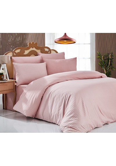 Komfort Home Çift Kişilik Çizgili Pamuk Saten Nevresim Seti (Pudr Pudra
