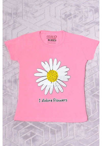 Hçm Kız Çocuk Tshirt Papatya Baskılı Bisiklet Yaka D26 Pembe