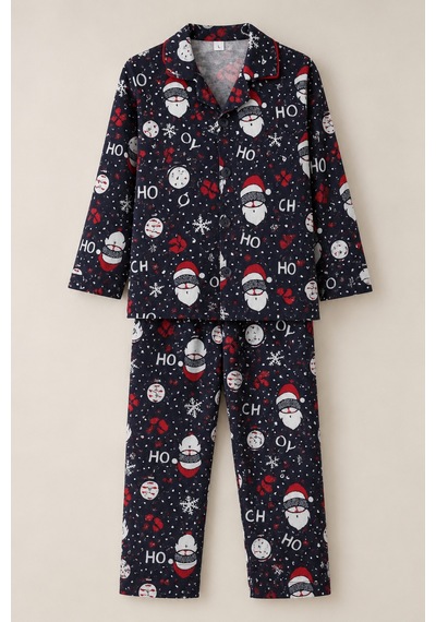 Free Beka Yılbaşı Desenli Kırmızı Uzun Kollu Önden Düğmeli Gömlek Yaka Aile Pijama Takımı Kombini Lacivert
