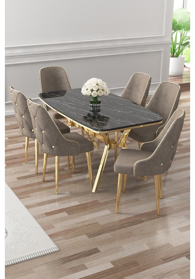 Canisa Asel Serisi 90x160 Lak Panel Siyah Mermer Desen Gold Detay Masa Takımı Ve 6 Cappucino Sandalye Masa Siyah Mermer Sandalye Cappucino Gold Detay Canisa Asel Serisi 90x160 Lak Panel Siyah Mermer Desen Gold Detay Masa Takımı Ve 6 Cappucino Sandalye Masa Siyah Mermer Sandalye Cappucino Gold Detay