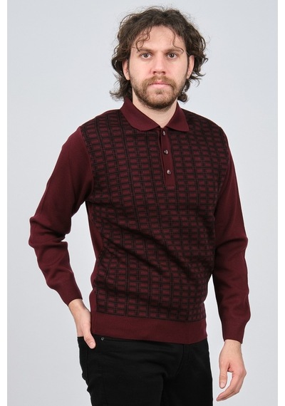 Ateş Triko Erkek Polo Yaka Desenli Yün Kazak 6092101 Bordo Bordo