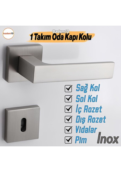 Paytak İnox Oda Kapı Kolu Kare Rozetli Sağa Sola Uygun İç Dış Ev Oda Kapısı Kilitlenebilir 1 Takım Genel