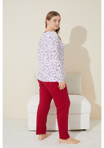 Siyah İnci Düğmeli Pamuklu Curve Büyük Beden Battal Boy Örme Pijama Takım 24240657 Beyaz