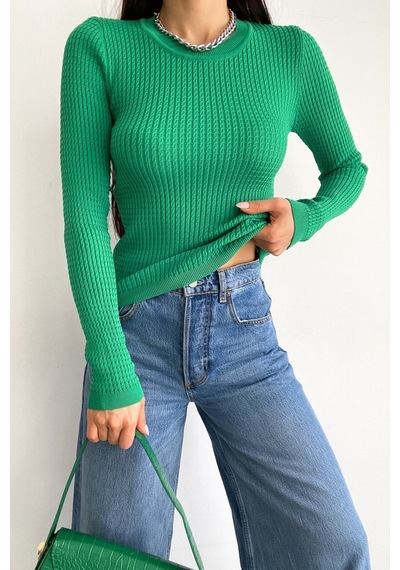 Femelle Kadın Koyu Yeşil Standart Beden Basic Fitilli Örme Bluz
