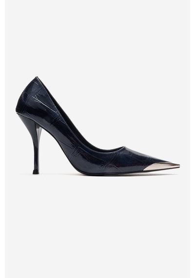 Luvishoes Alvena Lacivert Baskı Önü Metal Detaylı Kadın Topuklu Ayakkabı Lacivert