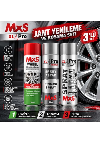Mxs Jant Yenileme Ve Boyama Seti 3 Lü Jant Temizleyici + Gri Astar + Metalik Gümüş Jant Boyası