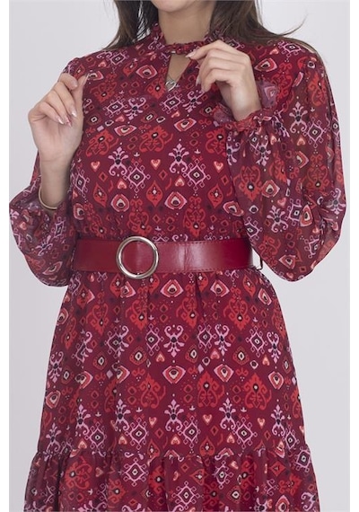 Dipmoda Kadın Astarlı Etnik Desenli Şifon Elbise Rsdp002 - Bordo Bordo