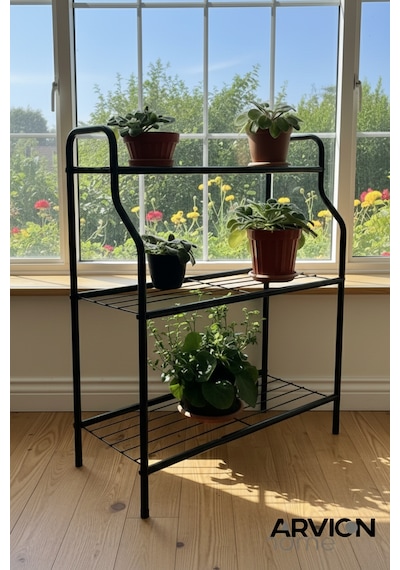 Modern Siyah 3 Katlı Metal Mutfak Ve Dekoratif Saksılık Çiçeklik Dayanıklı Raflı Stand-organizer Siyah