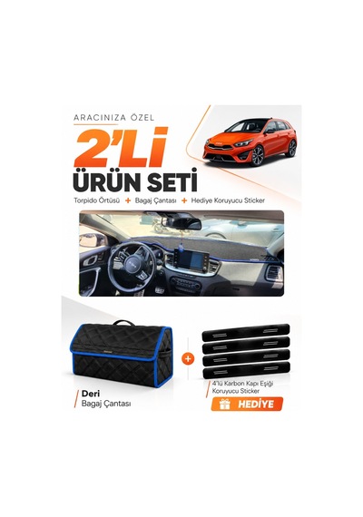 Kia Ceed 2020-2025 Uyumlu Torpido Örtüsü + Deri Bagaj Çantası + Sticker Seti - Siyah Mavi