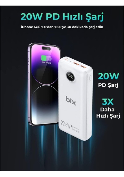 Pb201 Üç Portlu 20000mah 22.5w Süper Hızlı Şarj 4.0 Pd Giriş/çıkışlı Led Göstergeli Powerbank Beyaz