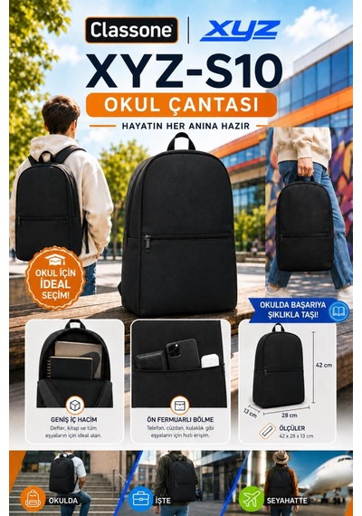 Xyz S10 Eko Serisi Unisex, Okul, Sırt Çantası - Siyah