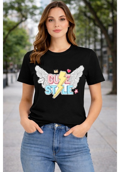 Herkesemoda Cute Stayle Baskı Detaylı Basic T-shırt Siyah