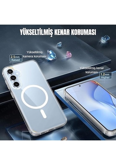 Samsung Galaxy S25 Fe Uyumlu Kamera Korumalı Magsafe Wireless Şarj Özellikli Sert Sararmaz Kristal Şeffaf Kılıf Diğer