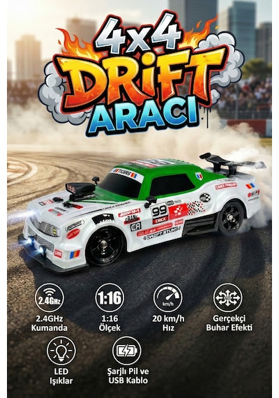 Uzaktan Kumandalı Şarjlı 4x4 Drift Arabası 1:16 Işıklı Buhar Efektli Rc Yarış Arabası Çok Renkli
