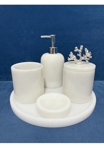 Mermer 5li Banyo Seti Beyaz - Gümüş
